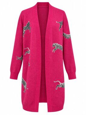Hot Pink Cat Jacquard Knit Duster Dopamine Cardigan Longline Open Front L